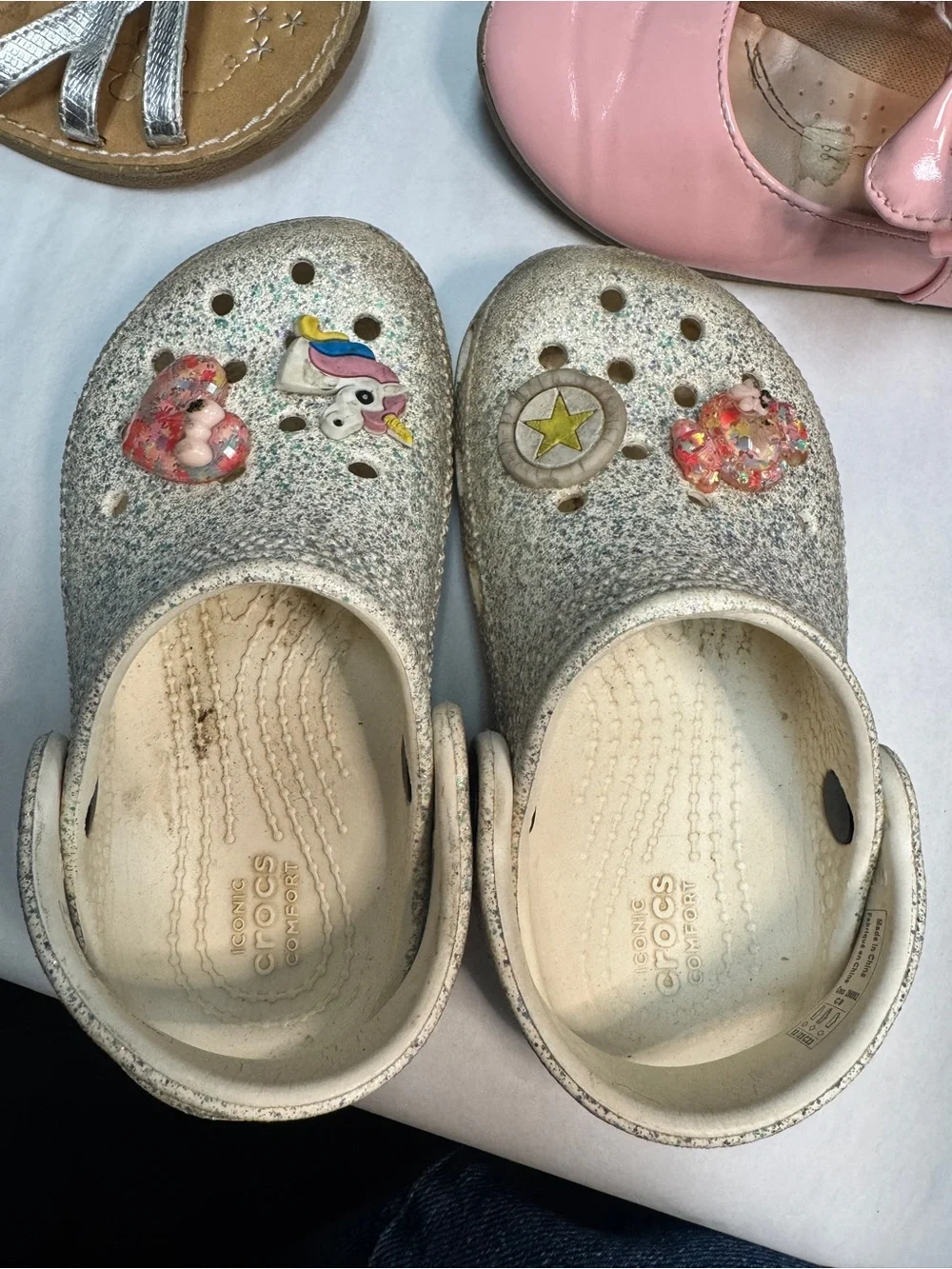 CROCS Kids Glitter Silver Clogs, Silver Sandals & Pink Mary Janes Set